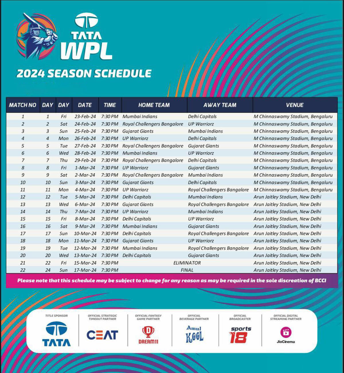 WPL 2024 FULL SCHEDULE